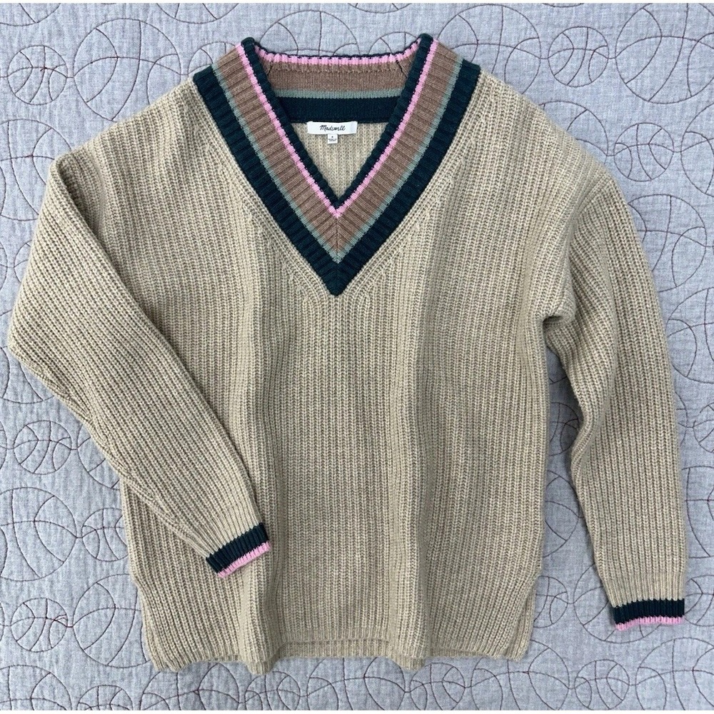 Madewell Tipped Forest V-neck Wool Blend‎ Beige Sweater / Small